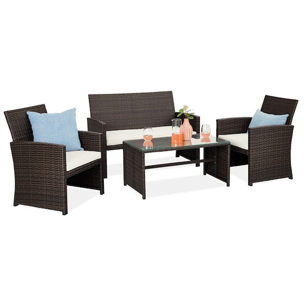 Brown 4-Piece Wicker Patio Conversation Set with White Sand Cushions, 4-Seats, Tempered Glass Table Top