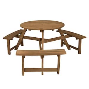 Round Wood Frame Outdoor Bench Set Picnic Table with Umbrella Hole