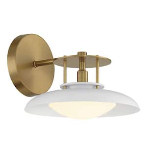 Gavin 9 in. W x 8 in. H 1-Light White Midcentury Wall Sconce with Warm Brass Accents and White Etched Glass Shade