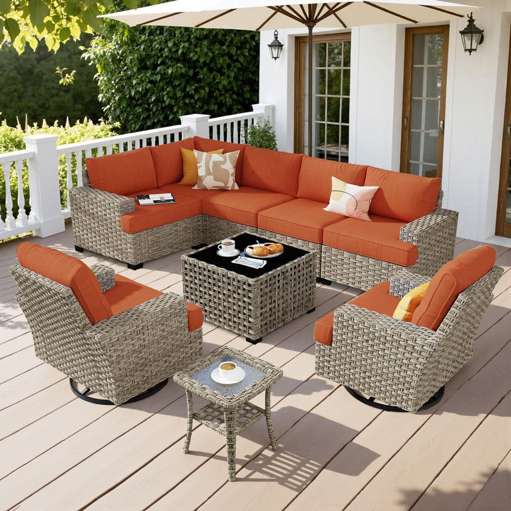 Eunoia 9-Pieces Wicker Patio Conversation Seating Sofa Set with Orange Red Cushions and Swivel Rocking Chairs