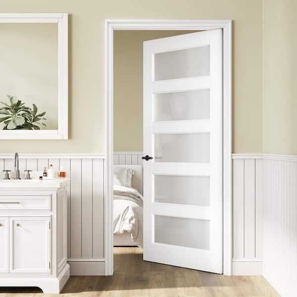 36 in. x 80 in. Solid Core 5-Lite Tempered Frosted Glass White Primed MDF Interior Door Slab without Jamb