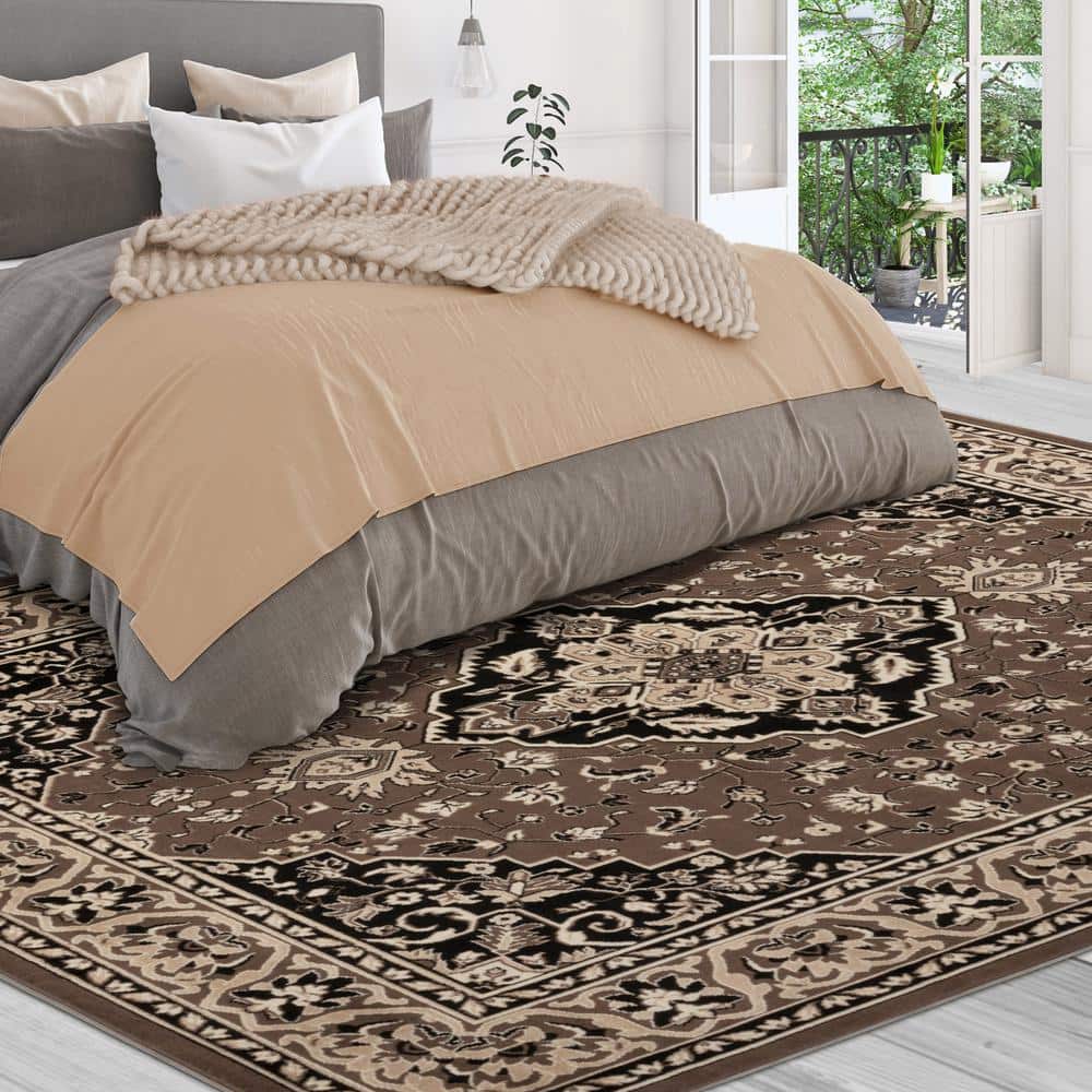 Elegant Brown Floral Medallion 6'x4' Low Pile Area Rug