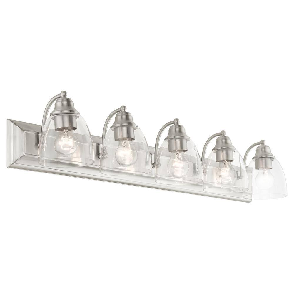 Brushed Nickel 5-Light Bathroom Vanity with Clear Glass Shades
