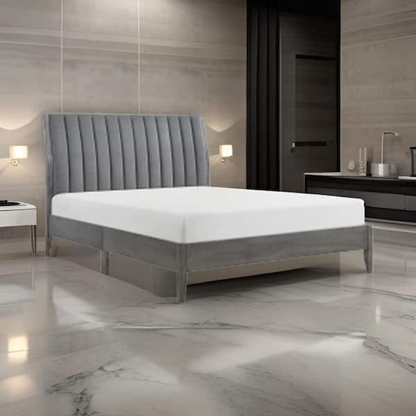 Benjara Gray Wood Frame Queen Platform Bed with Tufted Upholstered Back