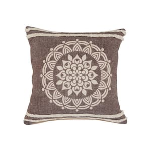 Hickory Brown / White Floral Medallion Stripe Border Poly-Fill 20 in. x 20 in. Indoor Throw Pillow