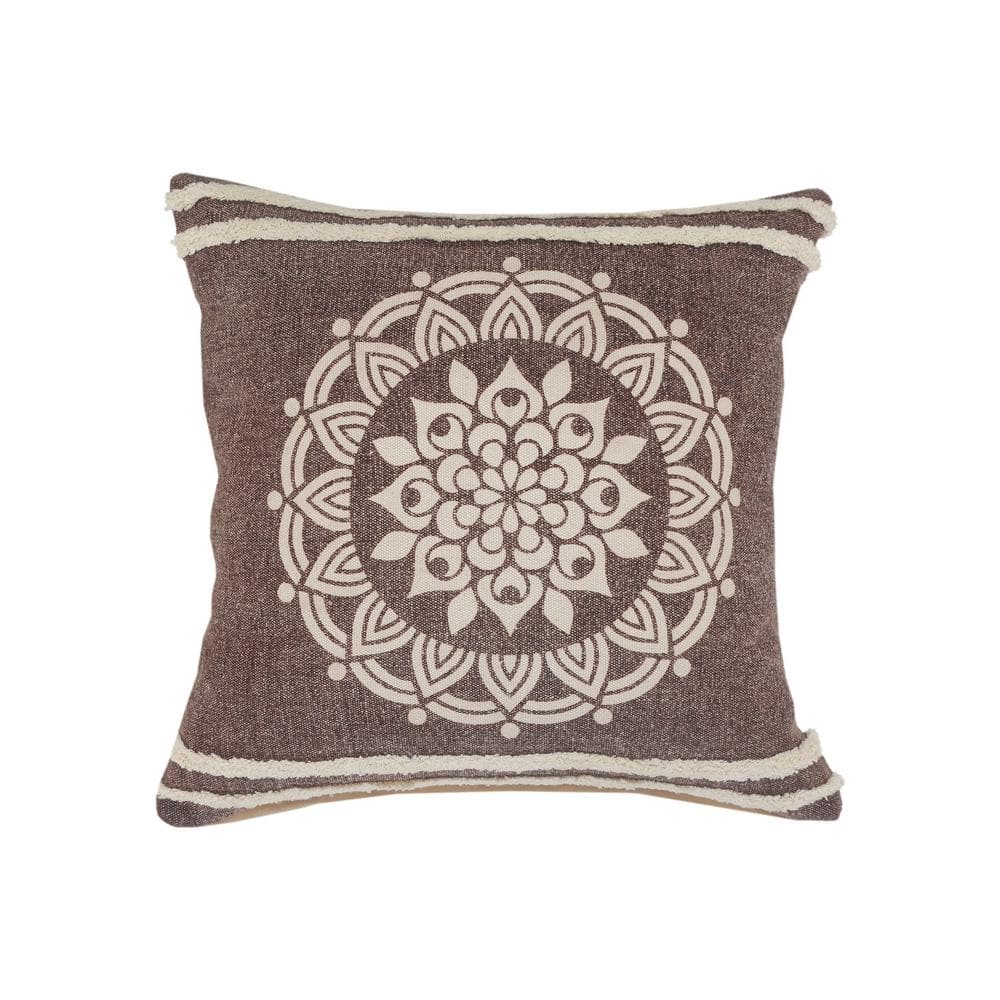 Hickory Brown / White Floral Medallion Stripe Border Poly-Fill 20 in. x 20 