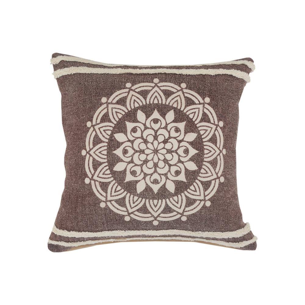 Hickory Brown / White Floral Medallion Stripe Border Poly-Fill 26 in. x 26 