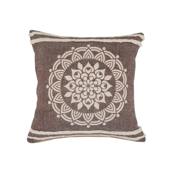 Unbranded Hickory Brown / White Floral Medallion Stripe Border Poly-Fill 26 in. x 26 in. Throw Pillow