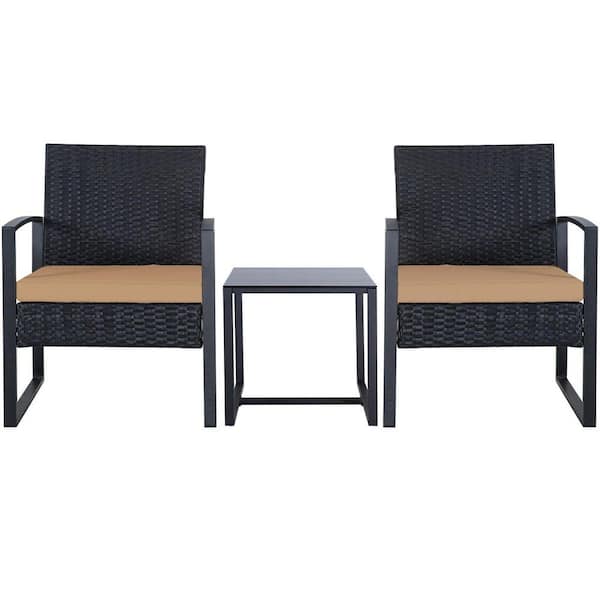 セット Black 3-Piece Wicker Outdoor Bistro Set with Washed Khaki Cushion