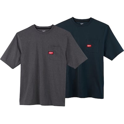 Men's X-Large Gray and Blue Heavy-Duty Cotton/Polyester Short-Sleeve Pocket T-Shirt (2-Pack)