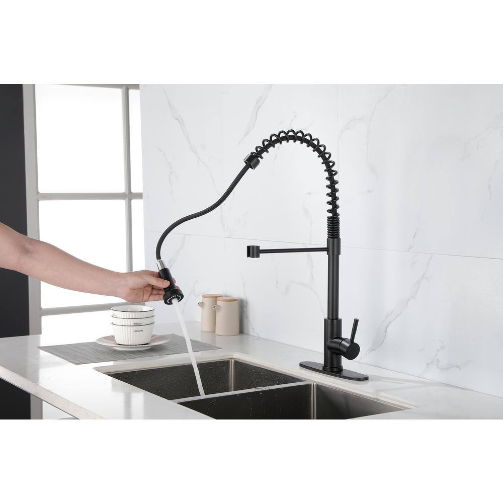 Matte Black Commercial Spring Kitchen Faucet with Pull-Out Sprayer