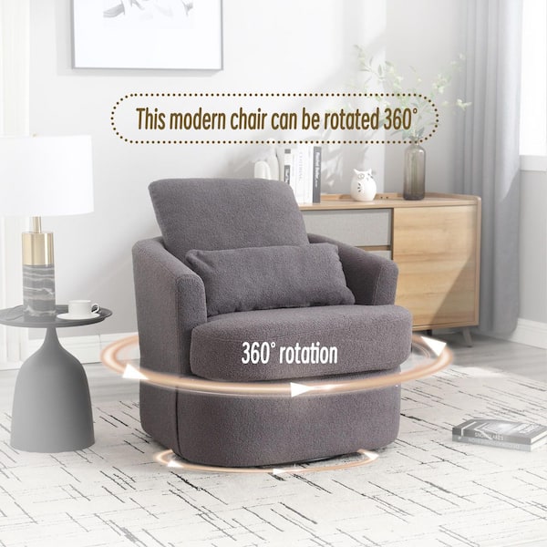 33 in. Gray Teddy Fabric Round Barrel Swivel Chair with 360° Rotation&Ergonomic Spring Support with Dual Pillow Support