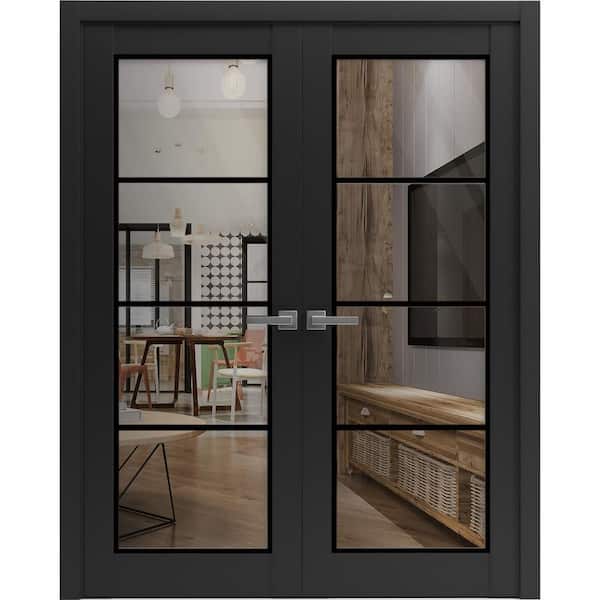 84 in. x 96 in. 2 Panel Black Matte Finished Solid Wood Sliding Door with Hardware