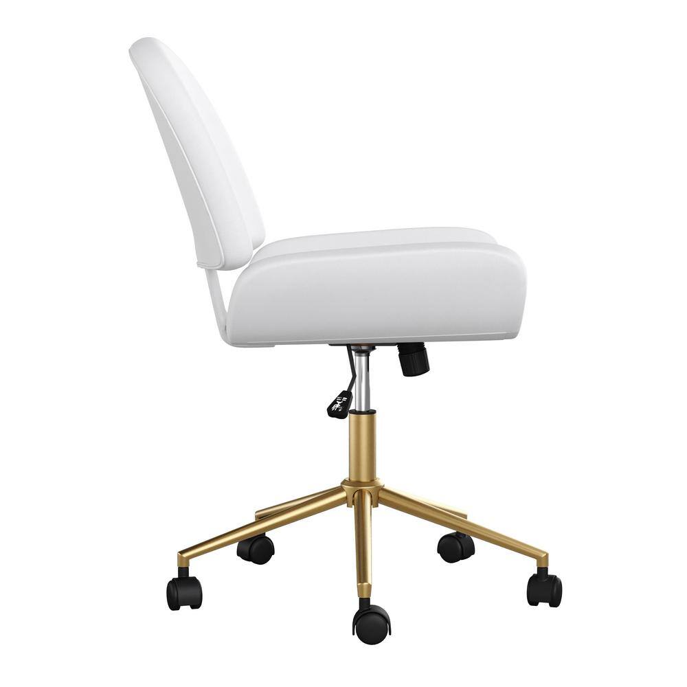 White Faux Leather Armless Swivel Office Chair with Brass Base
