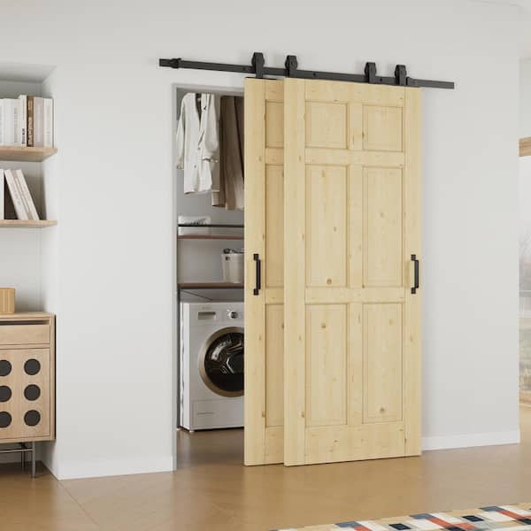 ARK DESIGN 56 in. x 80 in. (Double 32 in.) 6-Panel Unfinished Solid Core Pine Wood Sliding Barn Door with Hardware Kit Bypass
