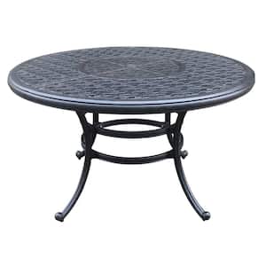 Lattice Design Round Powder-Coated Cast Aluminum Outdoor Dining Table with Umbrella Hole and Curved Legs in Gunmetal