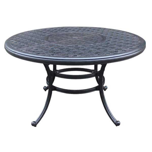 Misopily Lattice Design Round Powder-Coated Cast Aluminum Outdoor Dining Table with Umbrella Hole and Curved Legs in Gunmetal