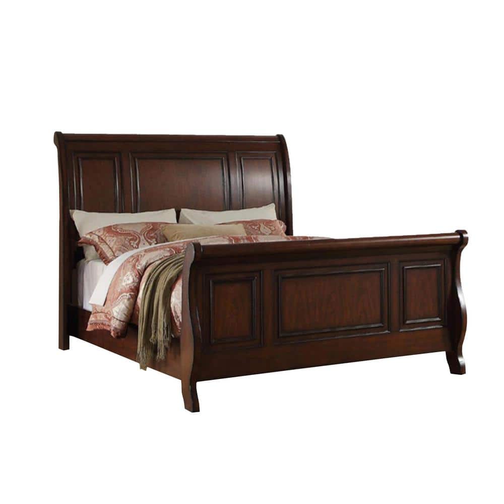 Classic Sleigh Queen Bed Frame in Dark Pine with Upholstered Headboard