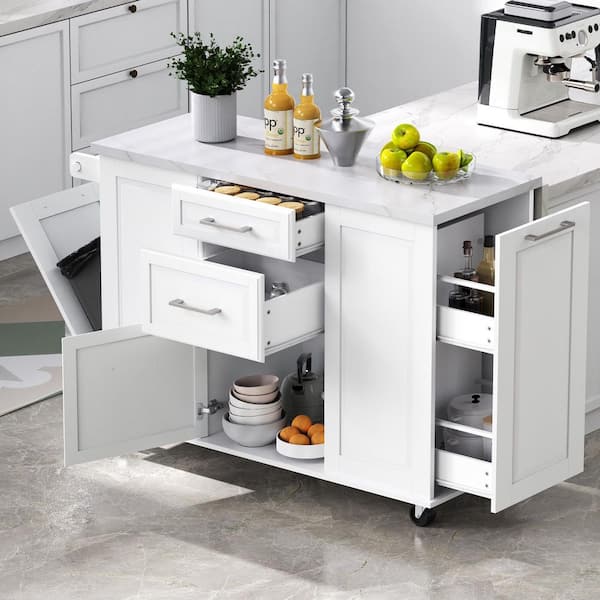 Modern White Wood 50.7 in. Drop Leaf Kitchen Island with Storage Tilt Trash Can Cabinet and Pull Out Cabinet Organizer