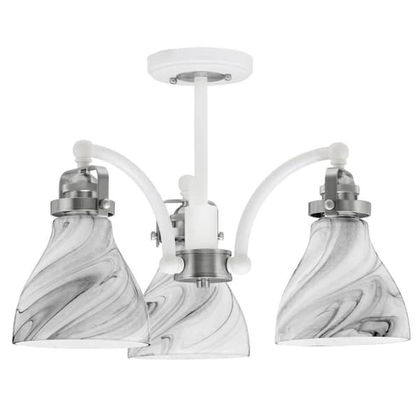 Unbranded Decatur 16.5 in. 3-Light White and Nickel Semi-Flush with 6.25 in. Onyx Swirl Glass Shade No Bulbs Included