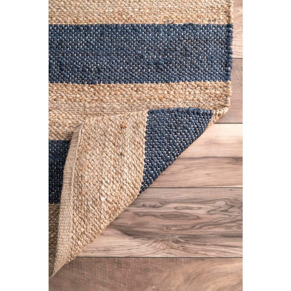 Denim and Tan Striped 4' x 6' Jute and Cotton Flatweave Rug