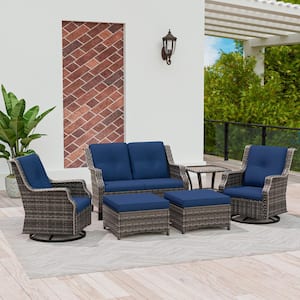 Brown Wicker 6-Piece Outdoor Patio Conversation Set with 2 Swivel Rocking Chairs and Blue Cushions