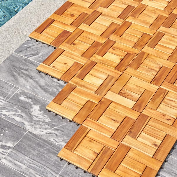 Siavonce Yellowish Brown Acacia Interlocking Wooden Decktile (Set