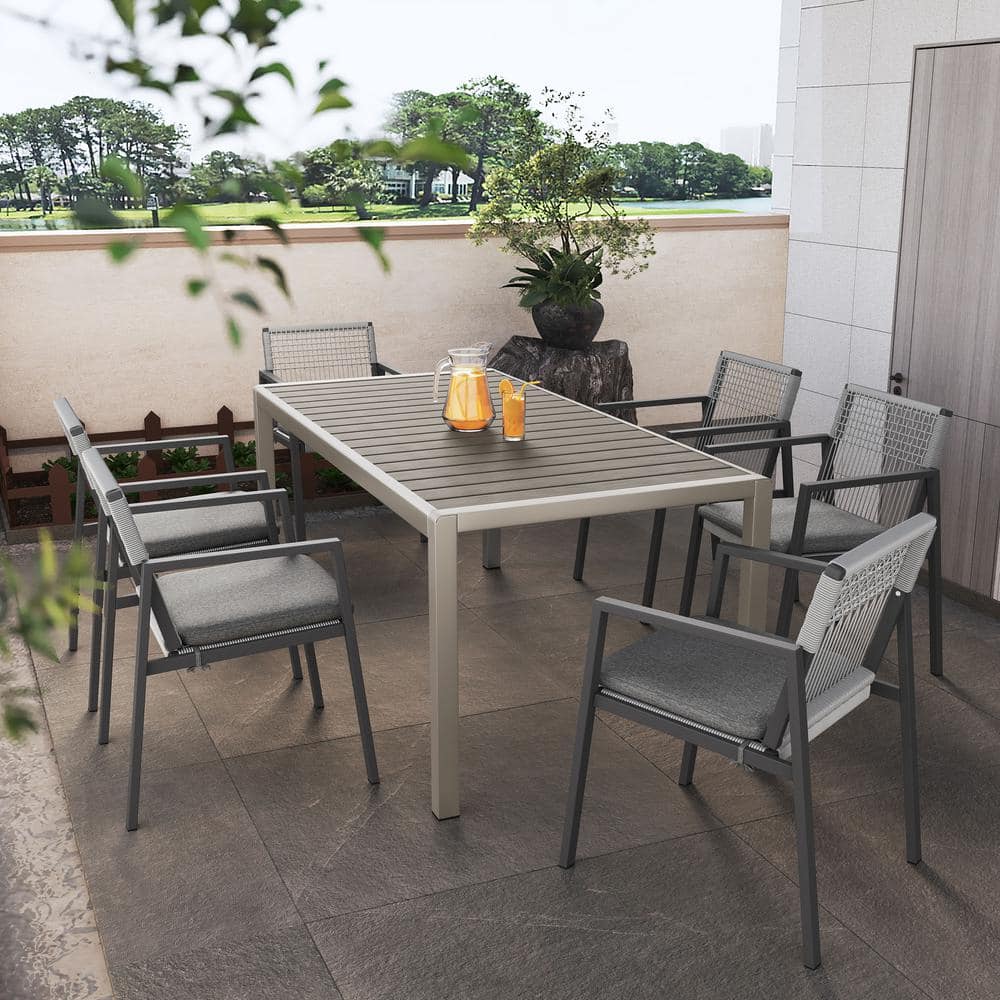 Black 7-Piece Aluminum Outdoor Dining Set, Patio Dining Table with Faux Woo
