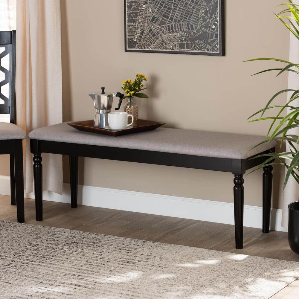 Giovanni Gray Fabric Upholstered Dark Brown Wood Dining Bench