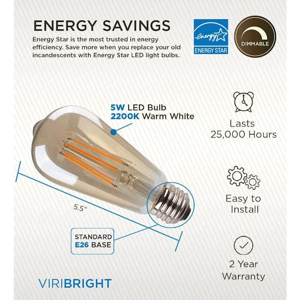 Viribright 40-Watt Equivalent ST19 Dimmable Decorative Amber Glass Filament Vintage Style LED Light Bulb Warm White (4-Pack)