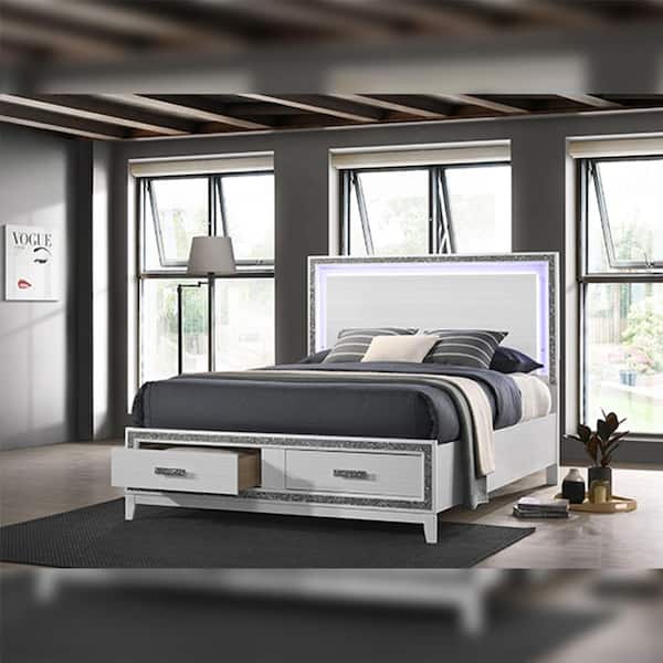 Acme Furniture Haiden White Composite Bed Frame Mounted King Platform Bed Lighted Headboard