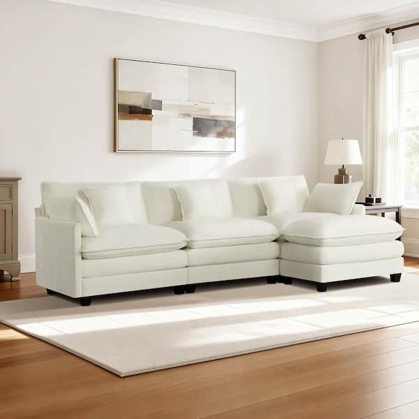 Noro 109.5 in. Square Arm 4-piece Fabric Sectional Modular Sofa in Cream with Storage Ottoman