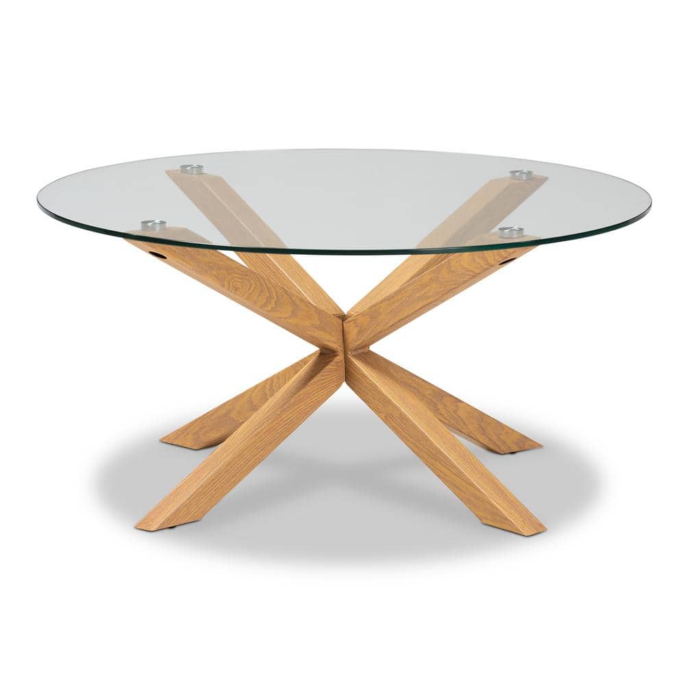 Round Glass and Wood Sculptural Coffee Table