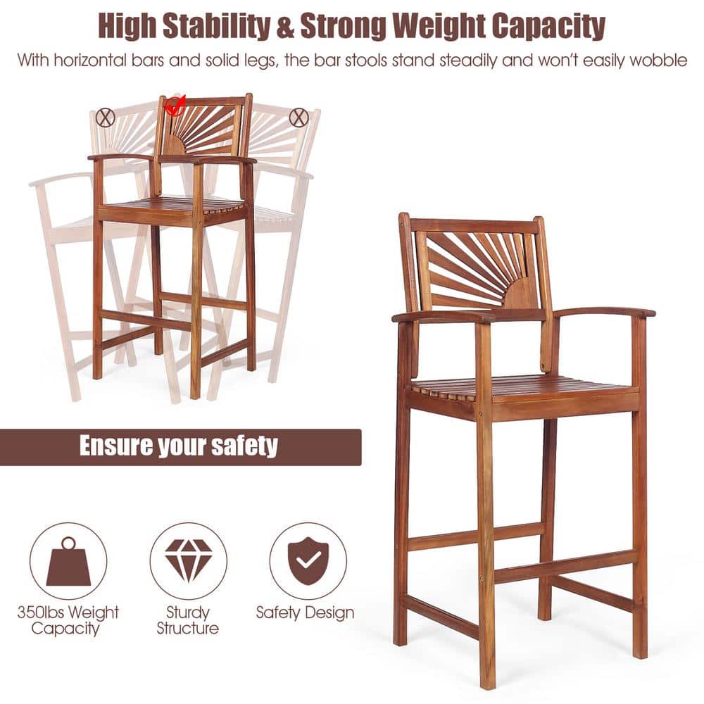 Acacia Wood High-Back Brown Outdoor Bar Stools with Armrests - Set of 2