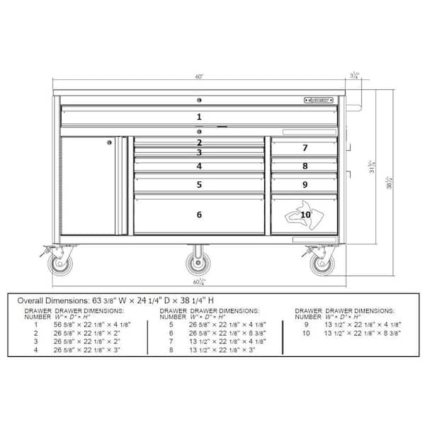 Husky - 60 in. W x 24 in. D Heavy Duty 10-Drawer Mobile Workbench Tool Chest with Solid Wood Top in Matte Black