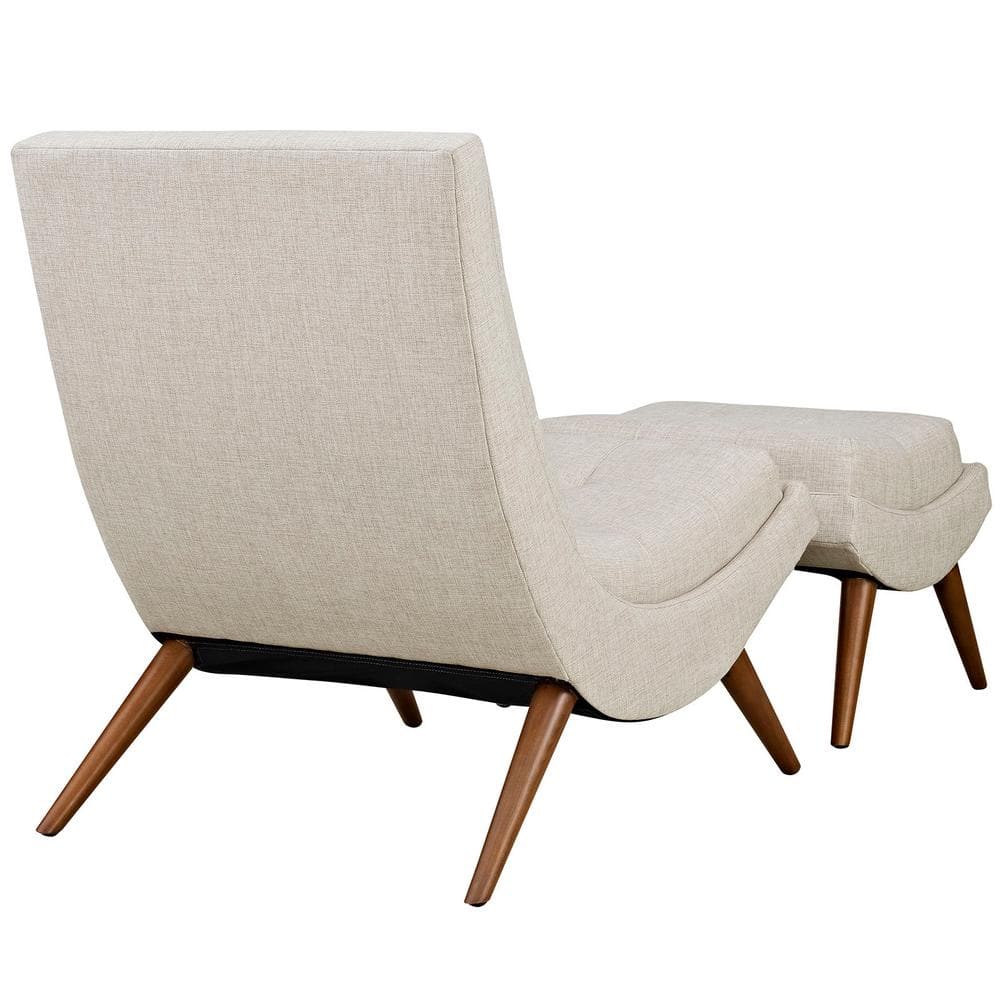 Beige Fabric Lounge Chair Set with Cherry Wood Legs