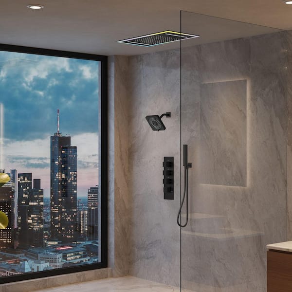 25 in. LED 4-Handle 3-Spray Shower Faucet 2.5 GPM with Music, Thermostatic, Waterfall, Anti Scald in Matte Black