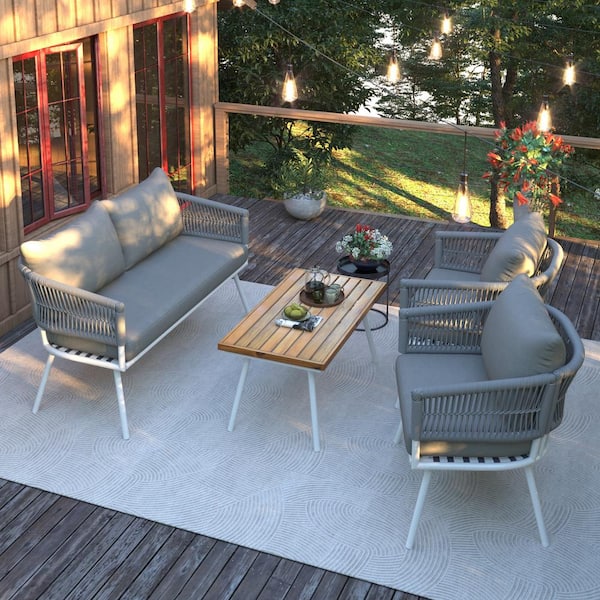 SOTEN RUGGED TABLET LLC 4-Piece Boho Rope Patio Conversation Set, Outdoor Furniture with Acacia Wood Table, Deep Seating and Thick Cushion, Gray