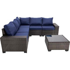 6-Piece Brown Broad Armrest Handwoven Rattan Wicker Outdoor Sectional Sofa Set with Dark Blue Cushions