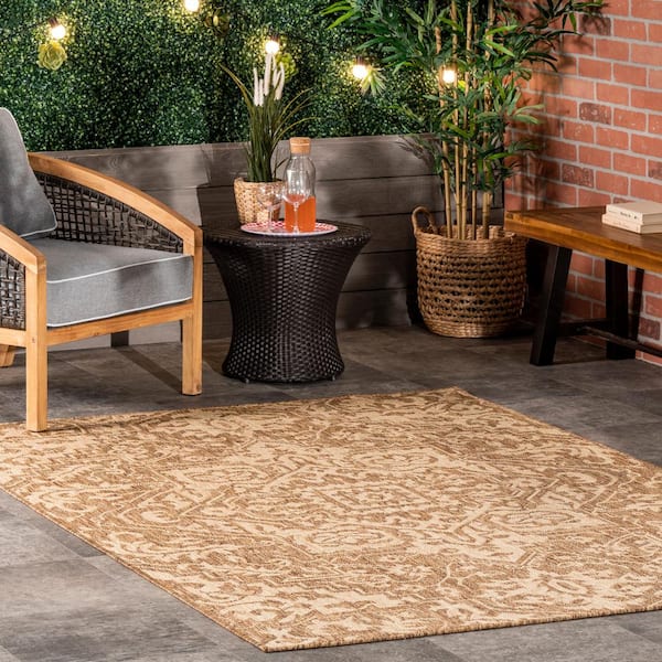 nuLOOM Abbey Tribal Striped Beige 9 ft. 6 in. x 12 ft. Indoor/Outdoor Patio Area Rug