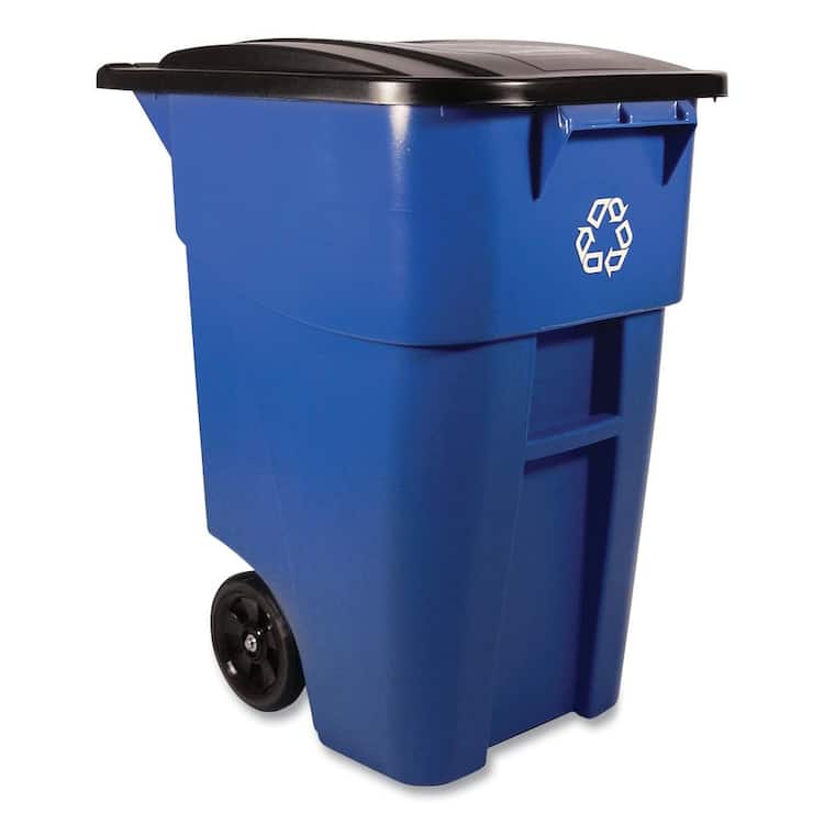 Rubbermaid Commercial Products BRUTE 50 Gal. Blue Rollout Plastic Outdoor Recycling Trash Can with Lid For Restaurants/Offices/Commercial Environments