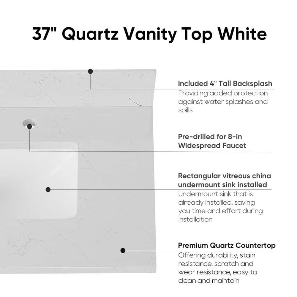Bianco Bella 37" White Quartz Undermount Single Sink Vanity Top