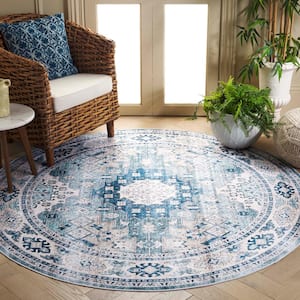 Arizona Sage/Aqua 6 ft. x 6 ft. Distressed Border Ornate Machine Washable Round Area Rug