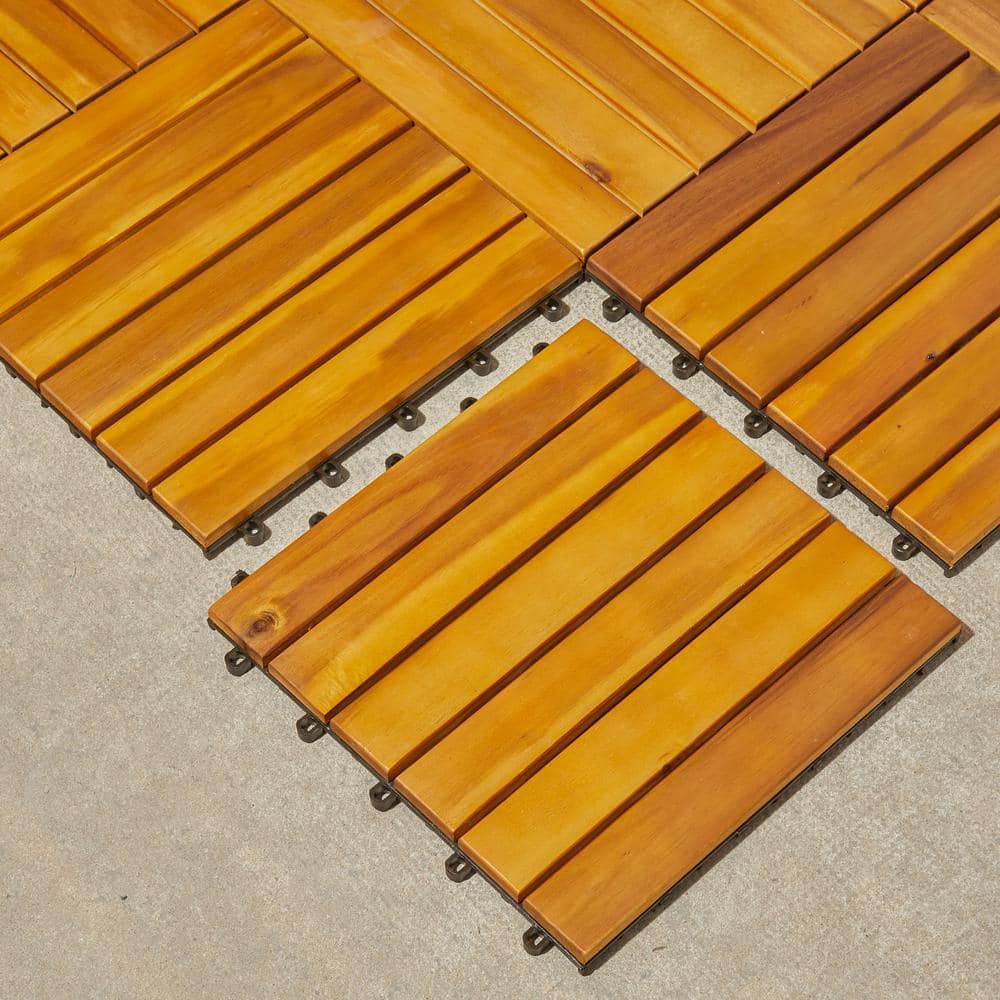 12 in. x 12 in. Square Acacia Wood Outdoor Interlocking Flooring Tiles Diag