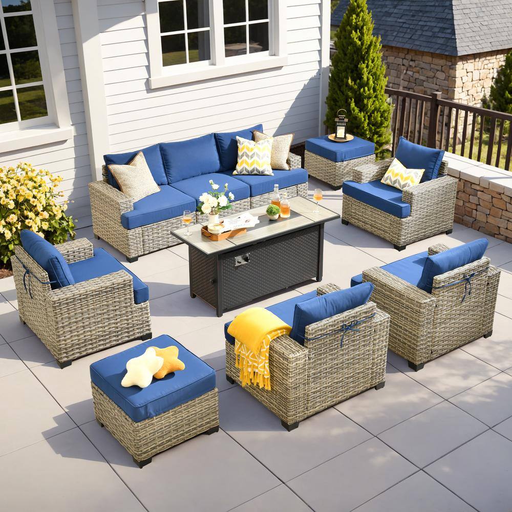 Kelleys 10-Piece Wicker Modern Outdoor Patio Conversation Sofa Seating Set with a Metal Fire Pit and Navy Blue Cushions