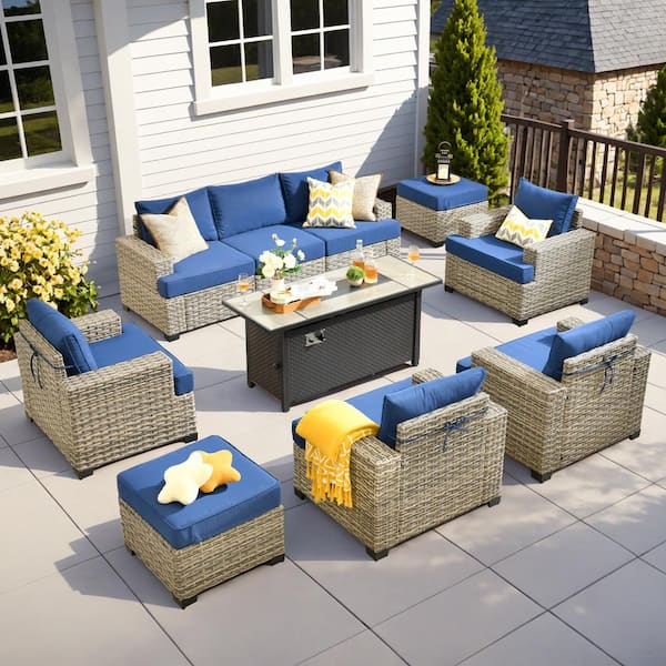 HOOOWOOO Kelleys 10-Piece Wicker Modern Outdoor Patio Conversation Sofa Seating Set with a Metal Fire Pit and Navy Blue Cushions