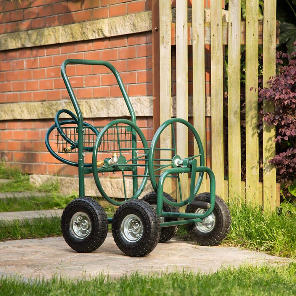 Glitzhome 250 ft. Green Steel 4-Wheel Garden Hose Reel Cart 1429004167 -  The Home Depot