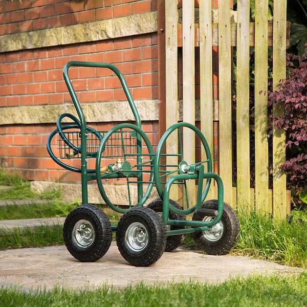 Backyard Expressions Metal Hose Reel Cart with Wheels - Heavy Duty Hose Caddie - 250 ft Hose Capacity - Hammertone Finish