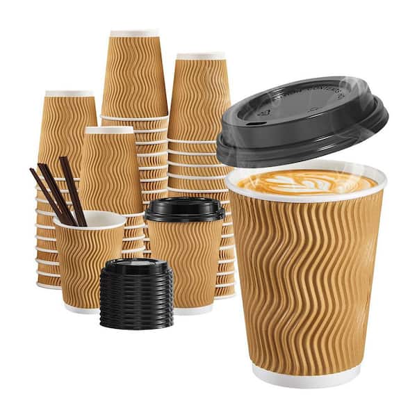 12 in. Champagne Beige Disposable Paper Coffee Cup Insulated Ripple Wall Hot Drink Tableware 90 Pack