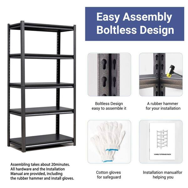 Boyel Living Black 5-Tier Storage Shelving Freestanding Heavy Duty Rack Shelving Unit in Small Space